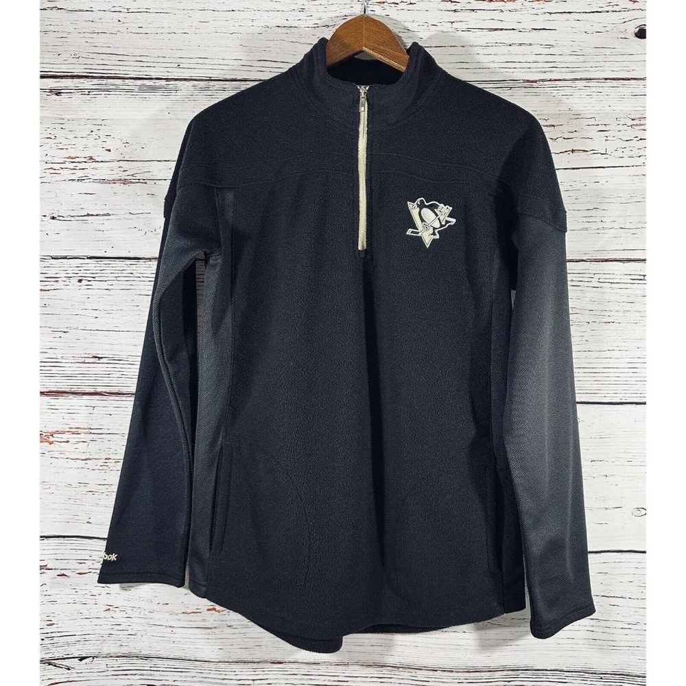 Reebok Pittsburgh Penguins Fleece Jacket Sz XL Black Quarter Zip Hockey Pens